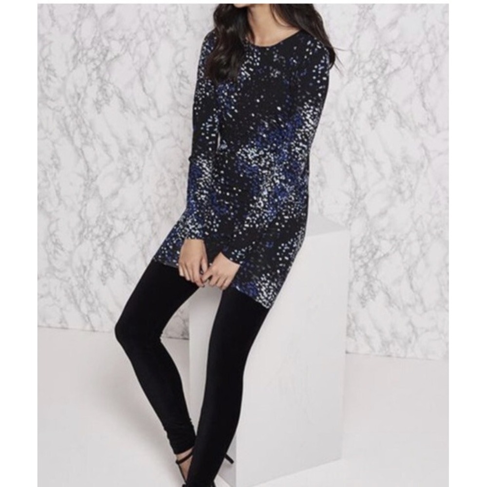 Long Tall Sally Blouse XL Blue Black White Dots Long Sleeve Tunic Top NWT